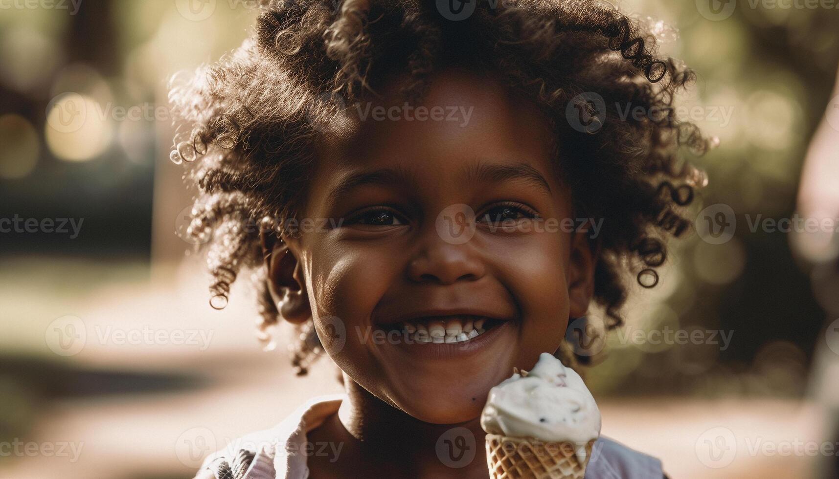 Smiling child enjoying ice cream in nature generated by AI photo