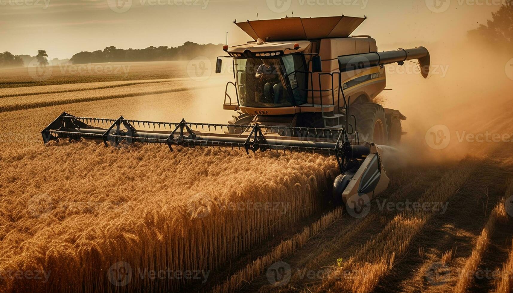 dorado trigo cosechado a puesta de sol con combinar segador generado por ai foto