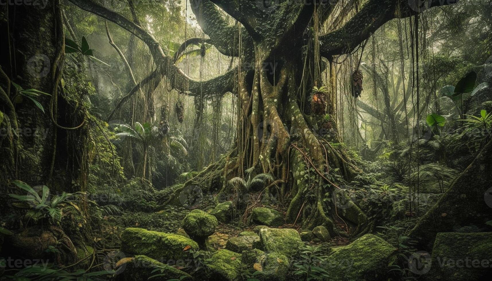 Ancient tree roots overgrown with ferns and mystery generated by AI photo