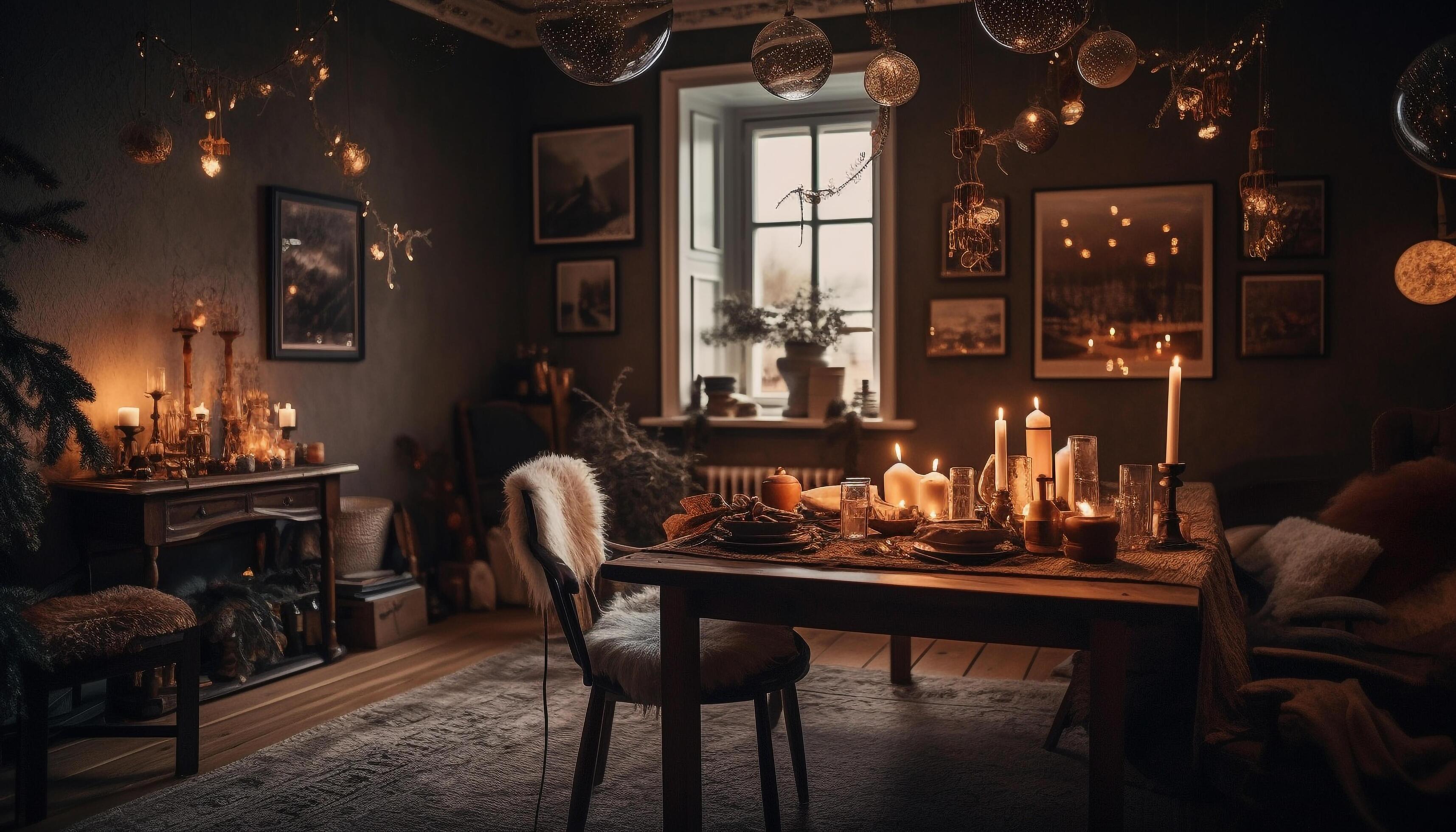 Cozy candlelight illuminates rustic winter home decor generated by AI ...