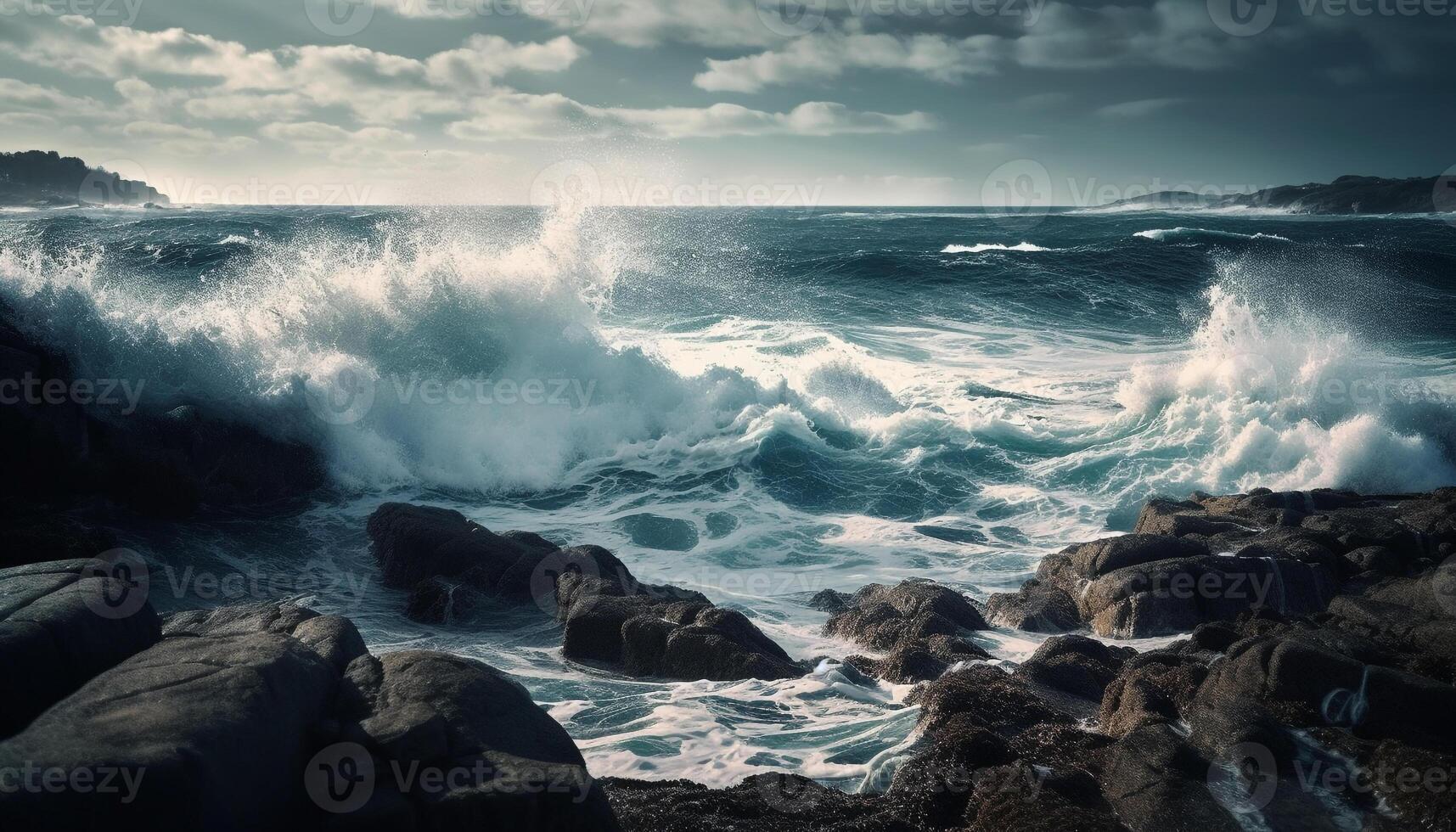 Breaking waves crash against rocky coastline at sunset generated by AI photo