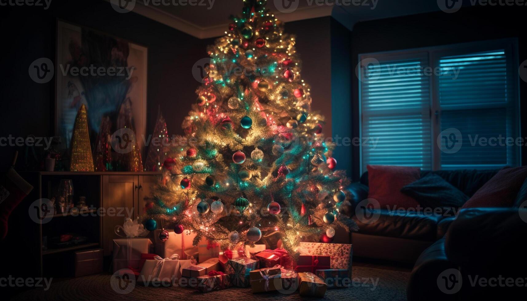 Fabric decorating bow hanging on Christmas tree with copy space in the  right 6774563 Stock Photo at Vecteezy