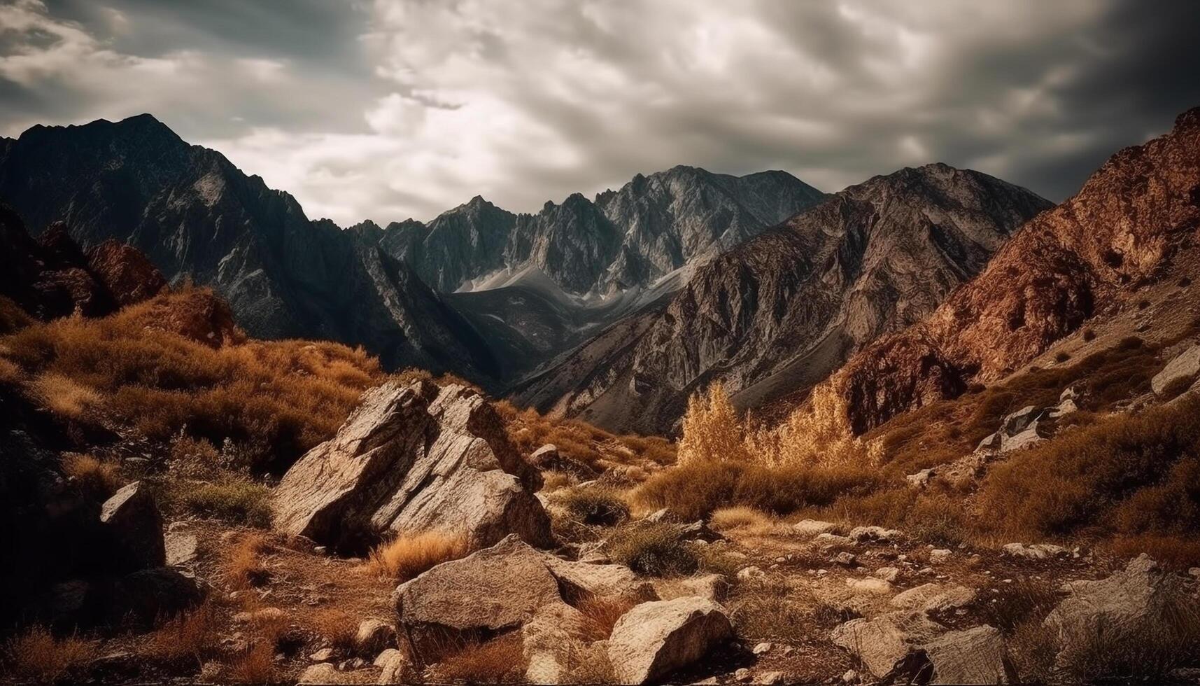 majestuoso montaña cima, tranquilo prado, amarillo luz de sol generado por ai foto