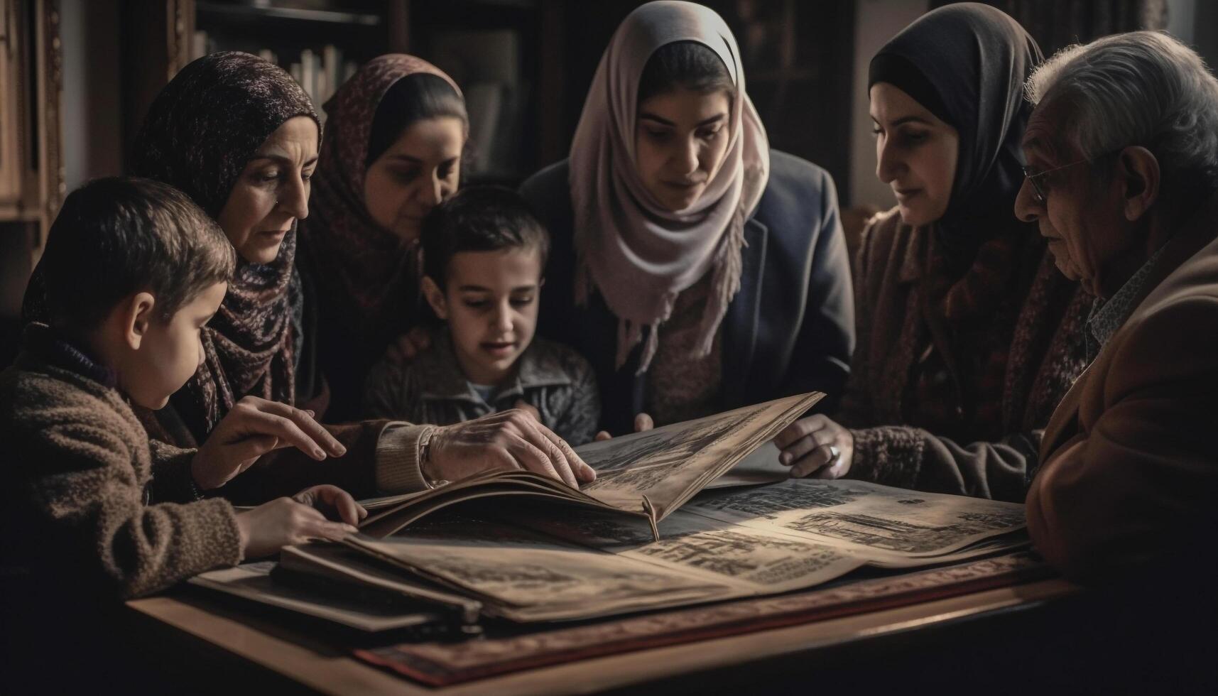 Family bonding over reading in library together generated by AI photo