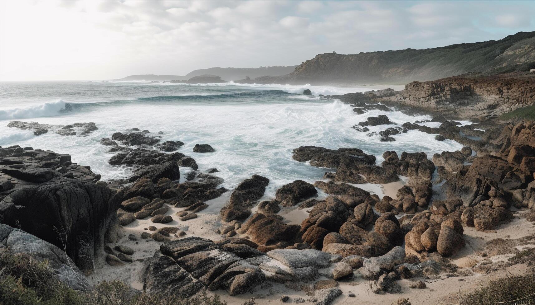 rotura olas choque en contra erosionado acantilado rocas generado por ai foto