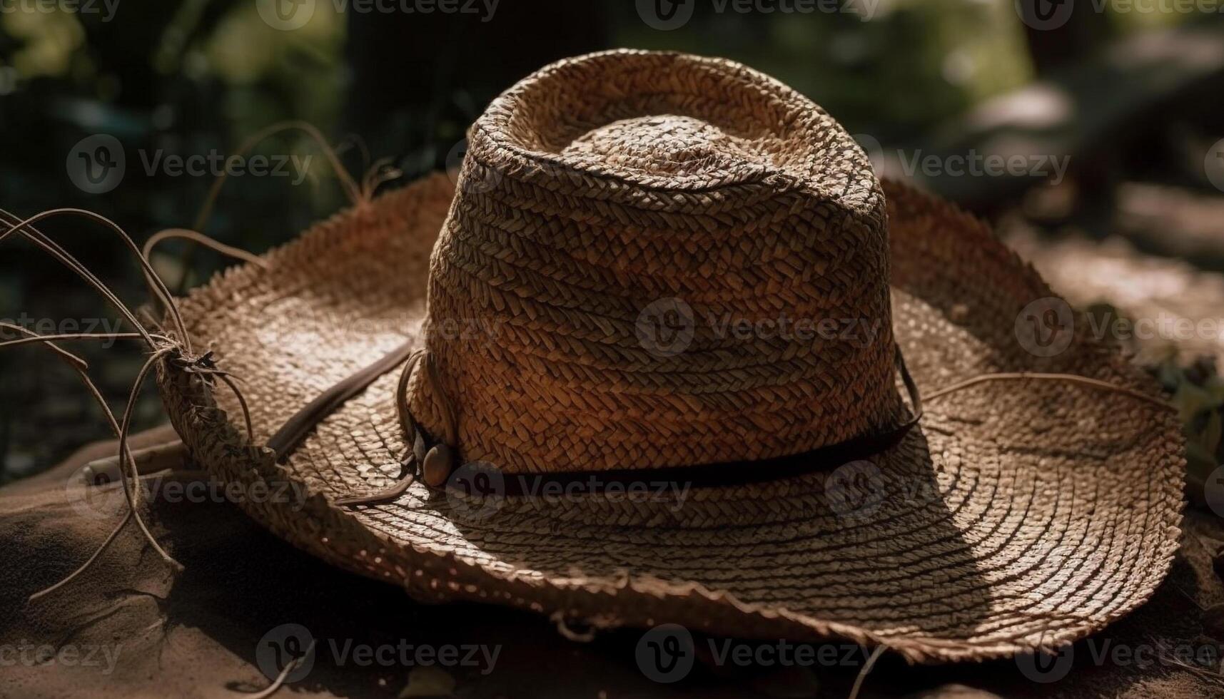 Paja sombreros en naturaleza, verano Moda declaración generado por ai foto