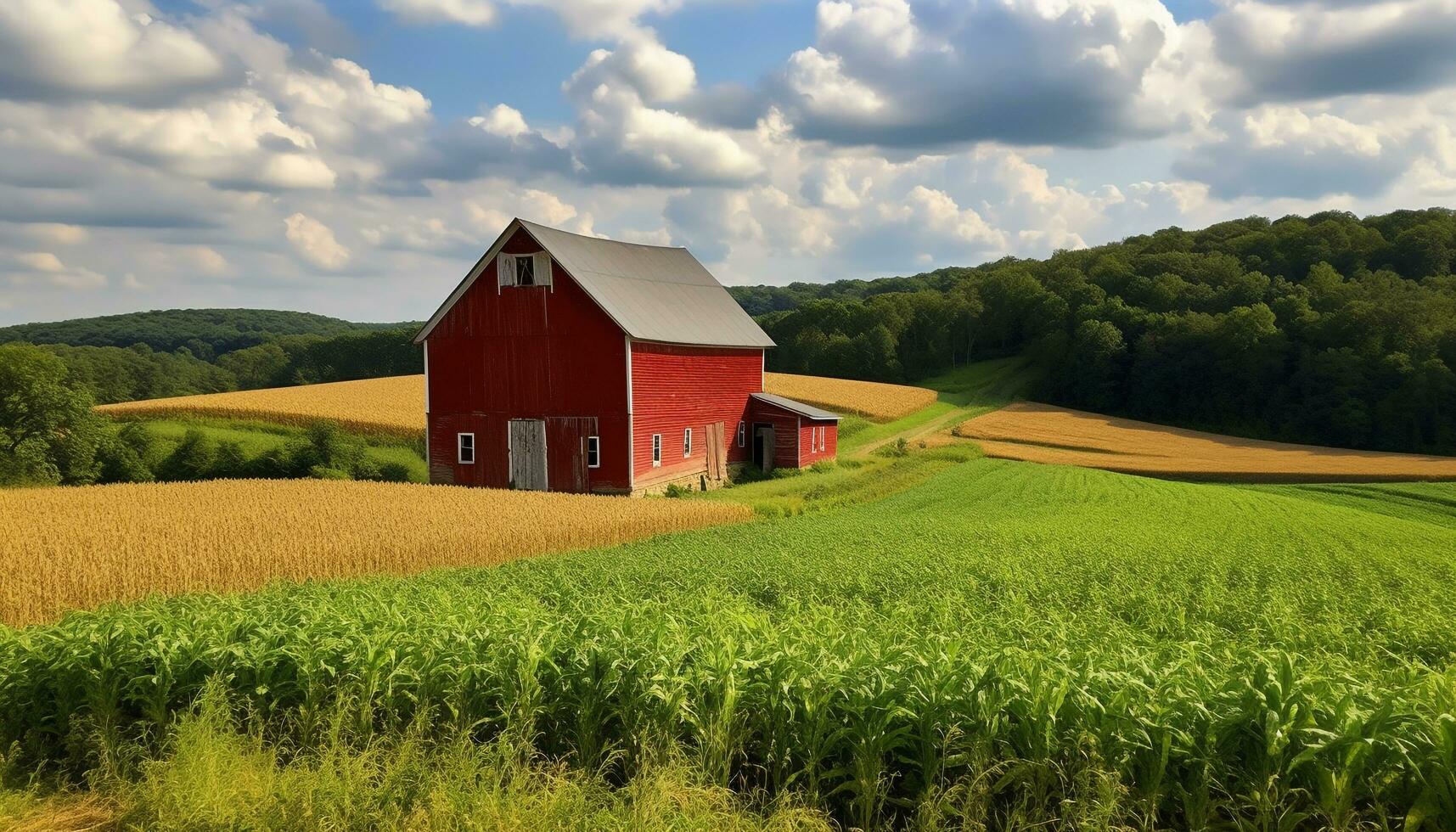 verde prado, rústico granero, azul cielo, tranquilo escena generado por ai foto
