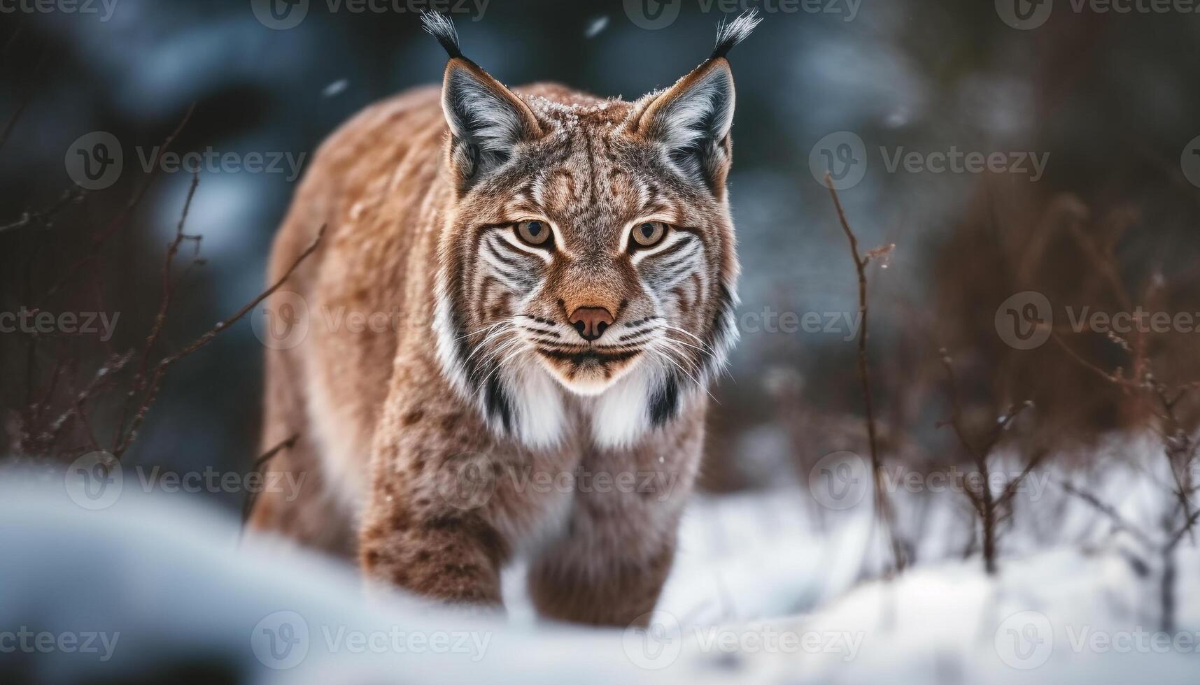 Striped beauty staring, close up portrait in snow generated by AI photo