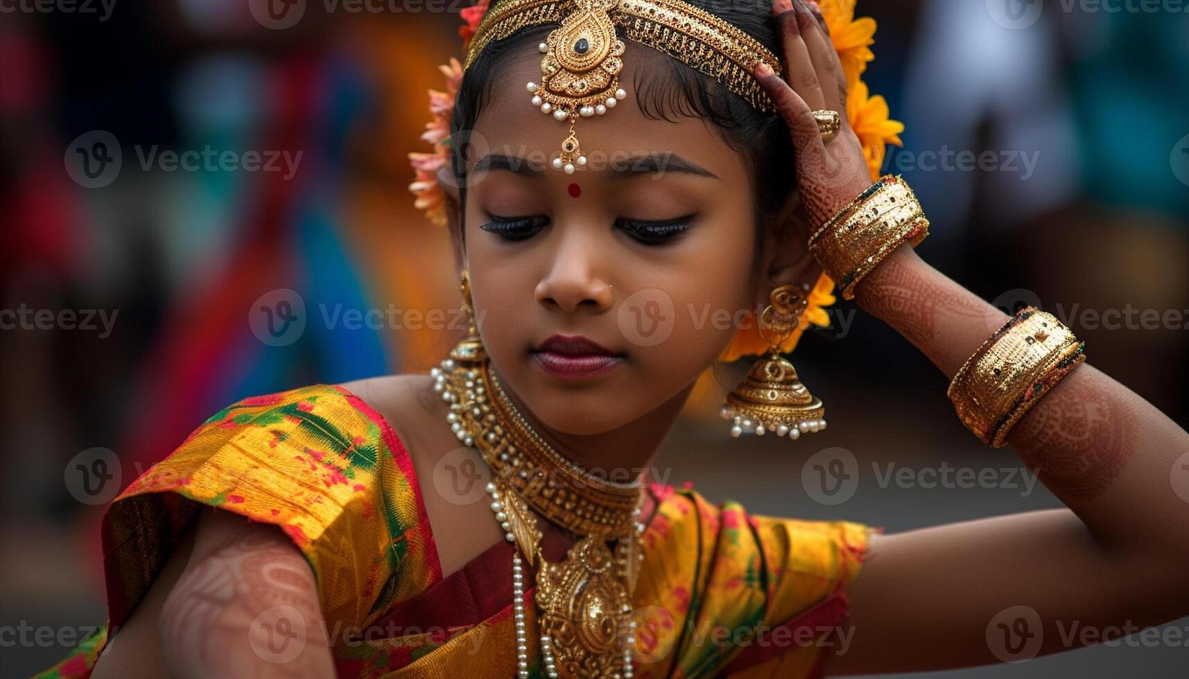 Smiling young woman in colorful sari elegance generated by AI photo