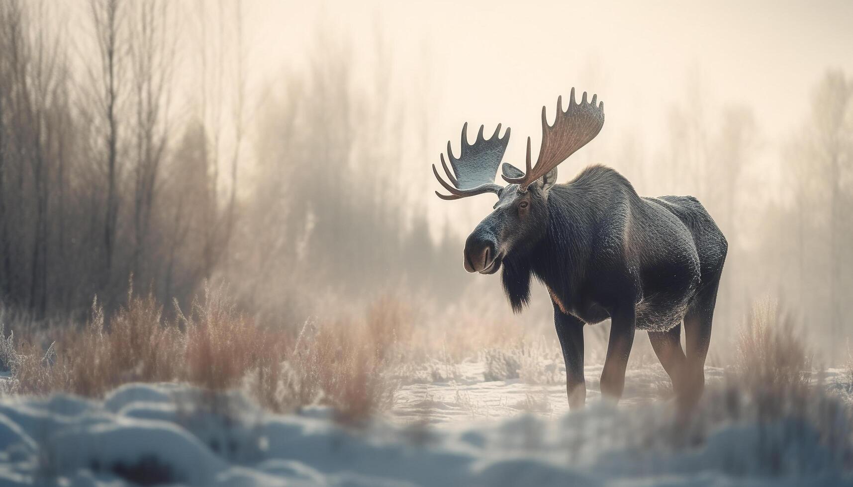 Horned stag grazing in tranquil winter forest generated by AI photo