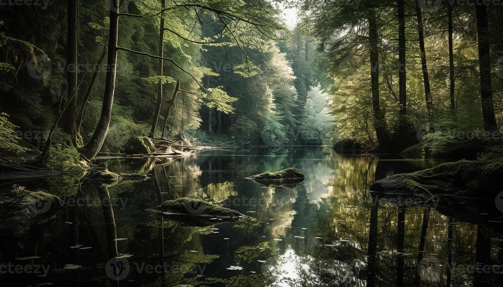 Tranquil scene of autumn forest reflection in pond generated by AI photo