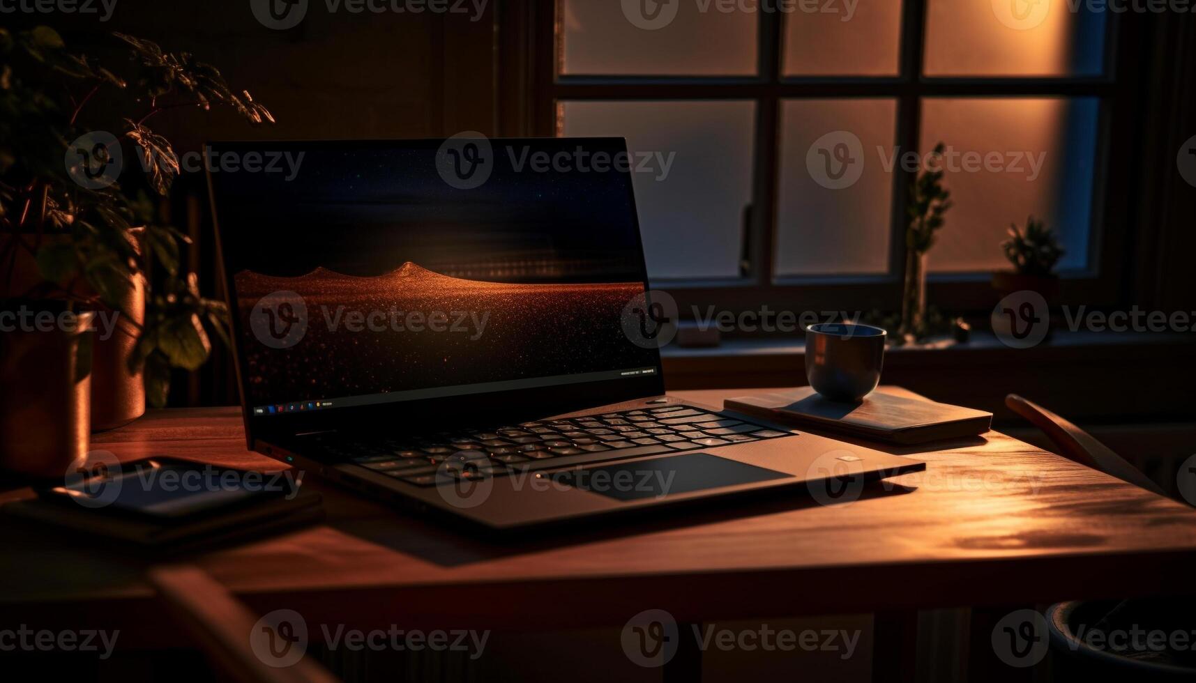 Working businessman at modern desk, illuminated laptop generated by AI photo