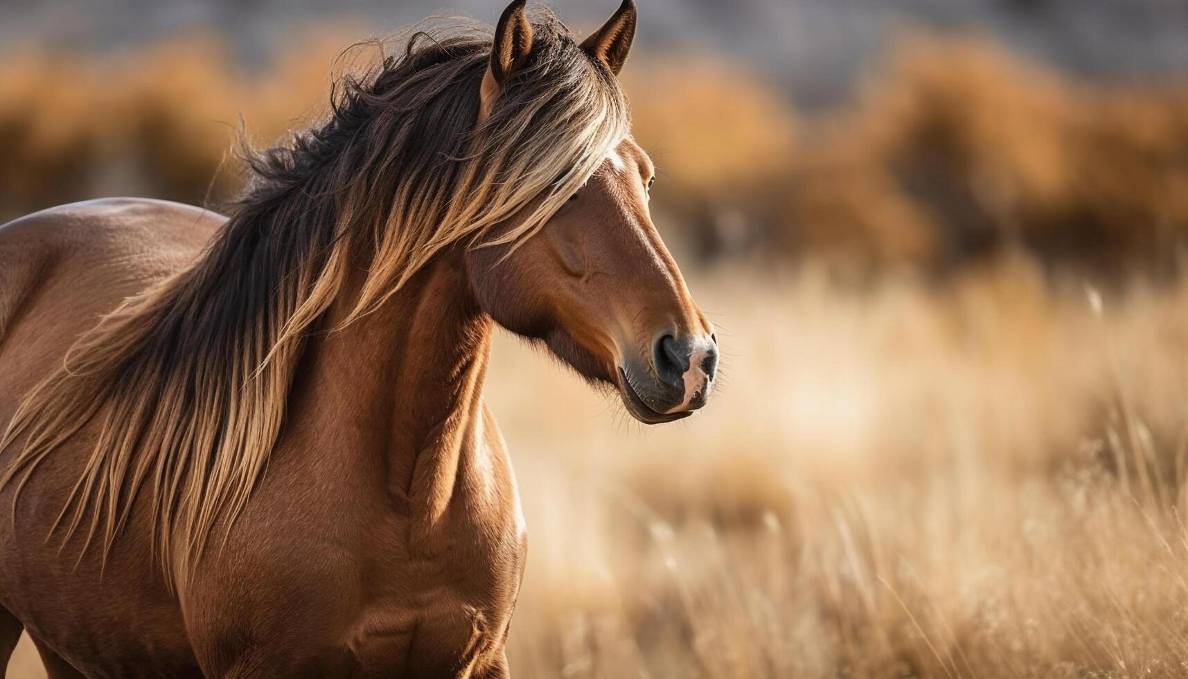 Stallion grazes in tranquil meadow at sunset generated by AI photo