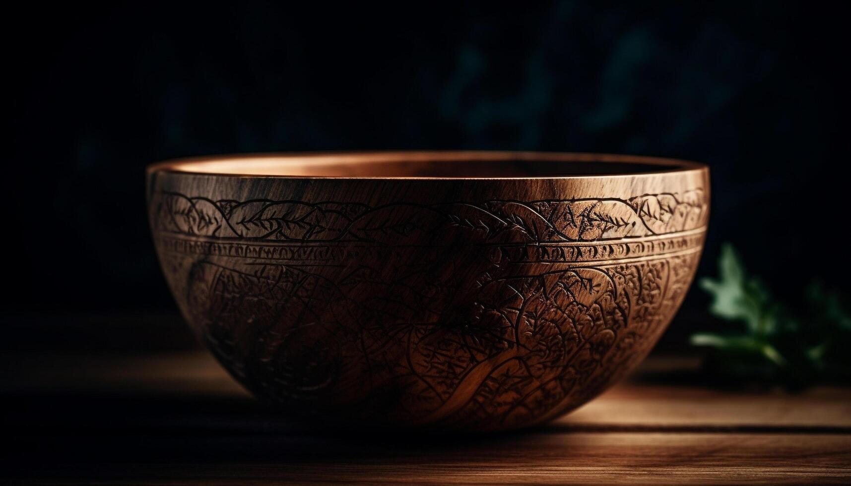 Rustic earthenware bowl on wooden table with decoration generated by AI photo