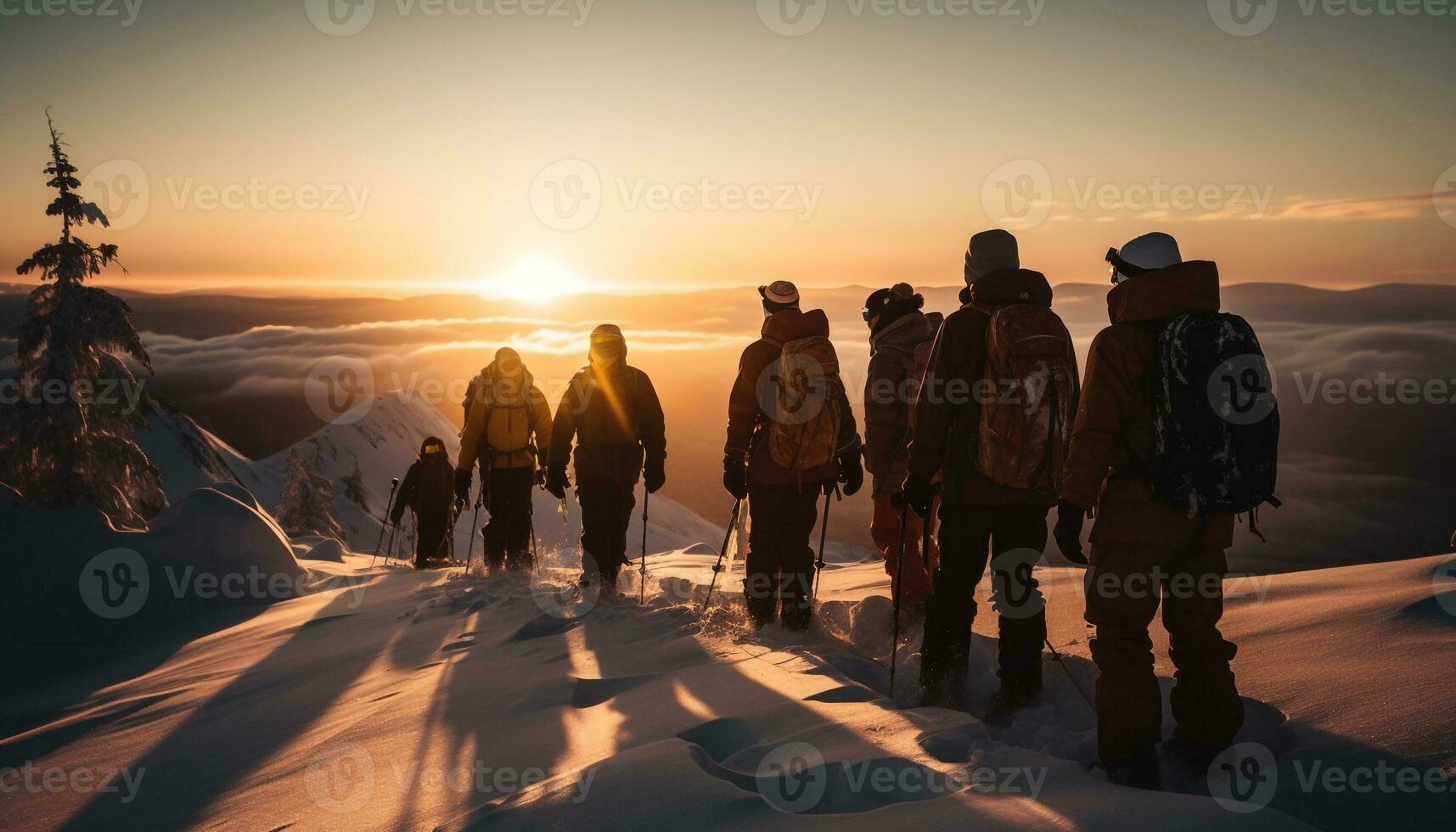 Group of people hiking mountain peak at sunset generated by AI photo