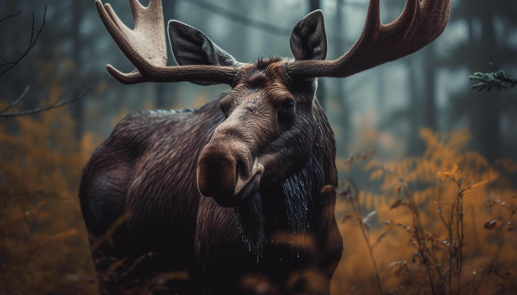 Stag grazes in winter forest, tranquil beauty generated by AI photo