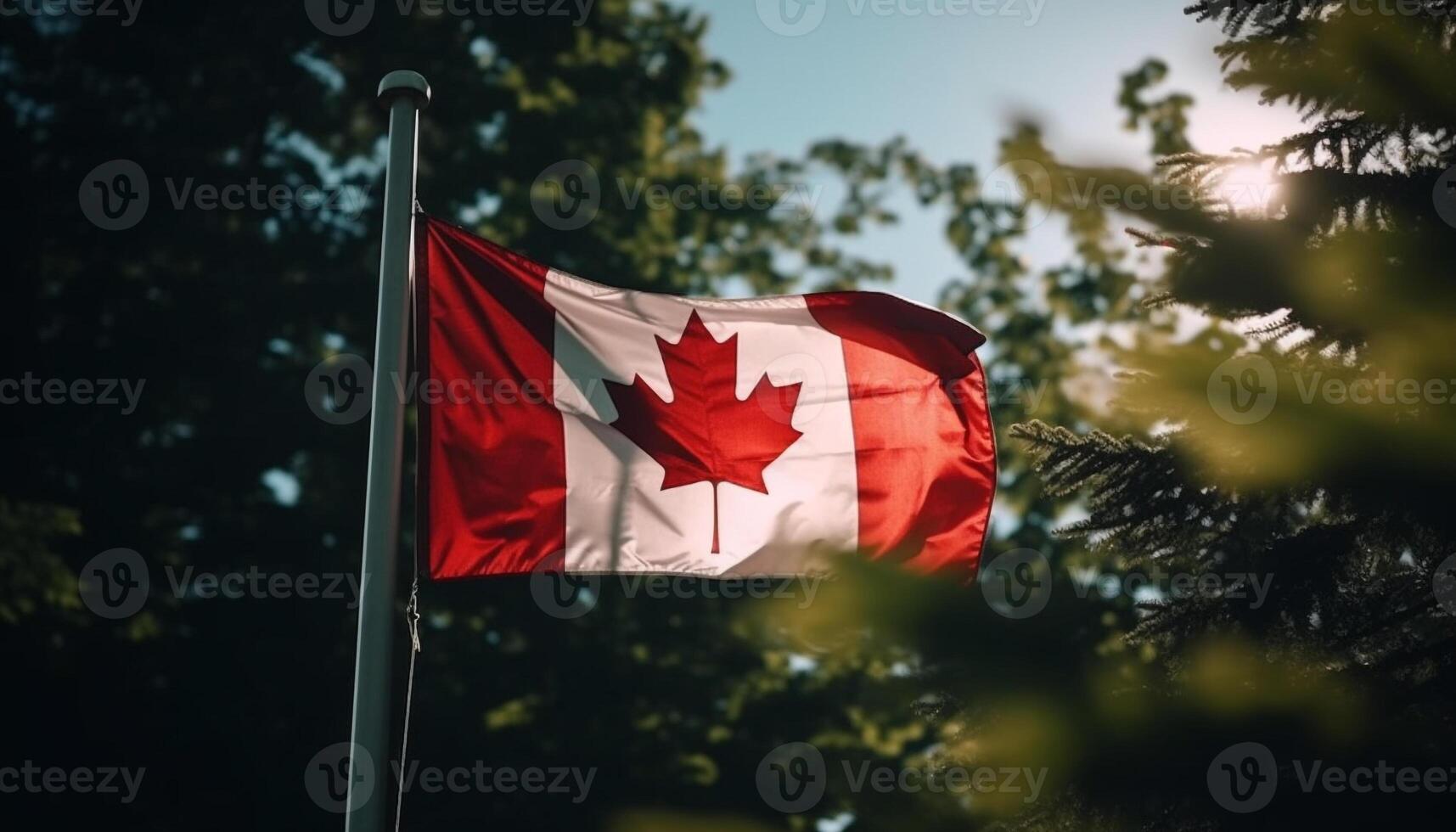 Canadian flag waves proudly in the sunlight generated by AI photo