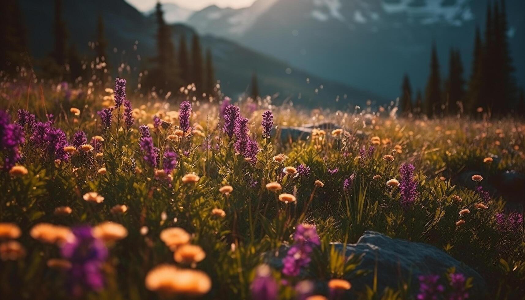 púrpura flores silvestres floración en prado a oscuridad generado por ai foto