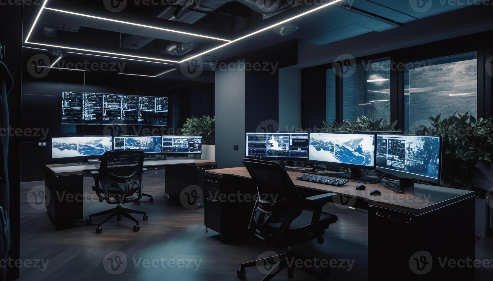 Modern office desk with computer equipment inside generated by AI photo