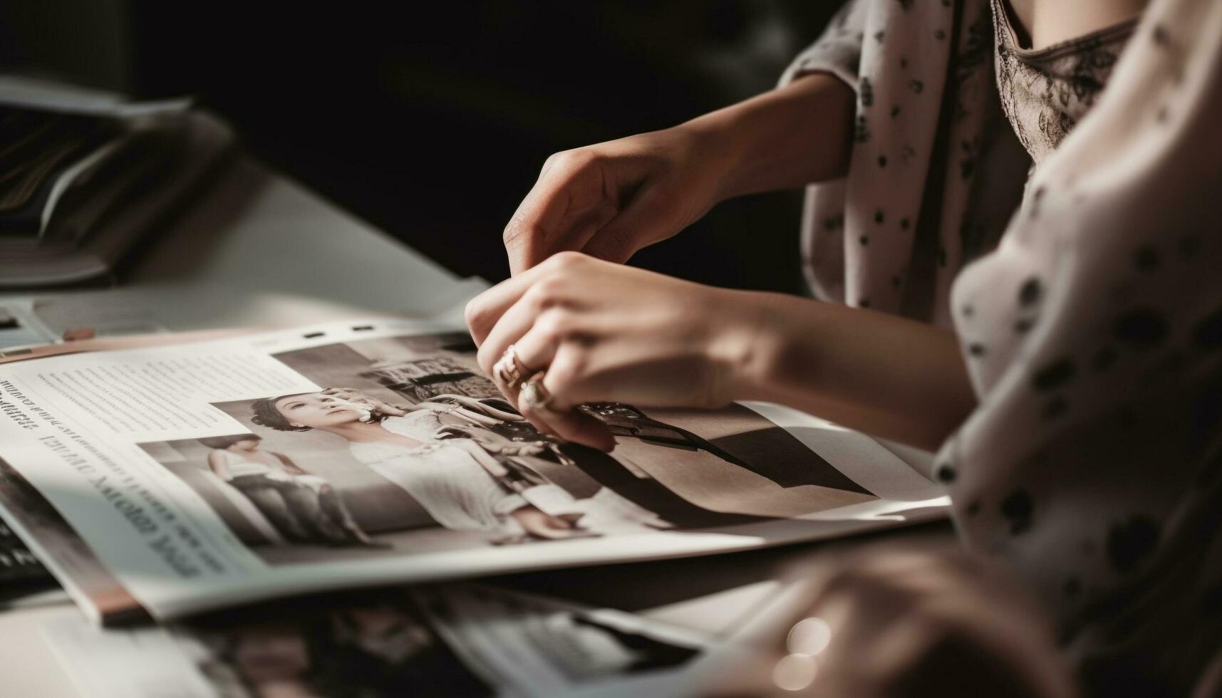 joven mujer sentado a mesa, participación papel generado por ai foto