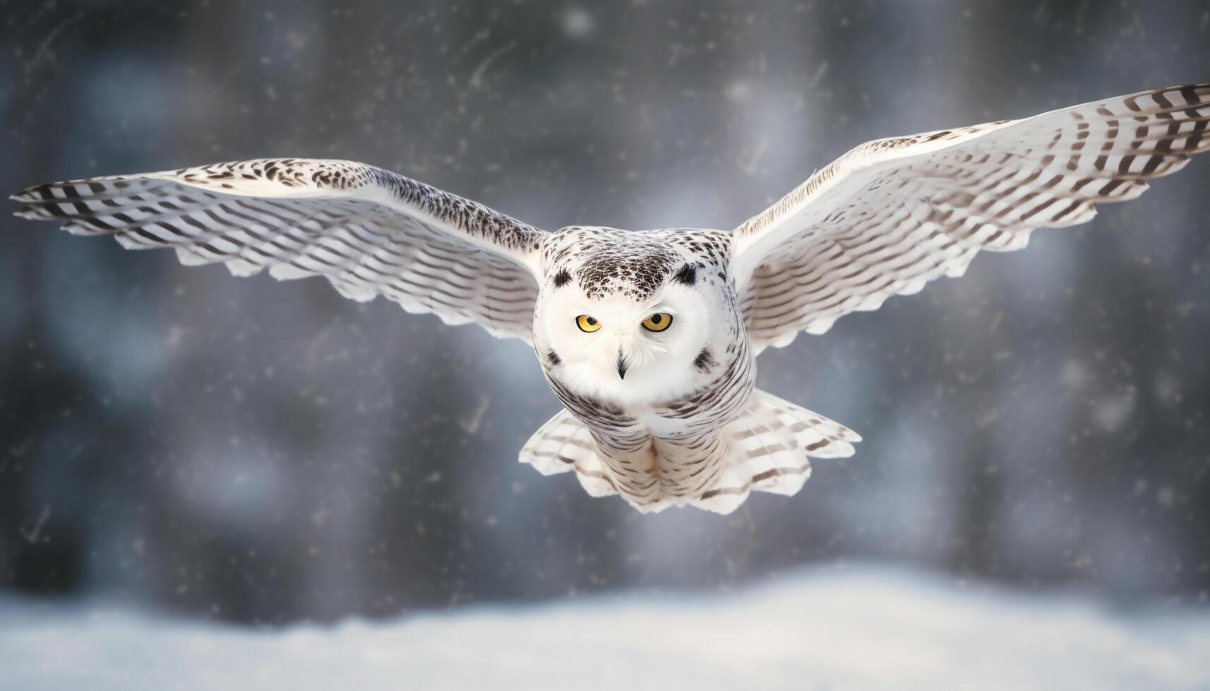 Snowy owl spreads wings in tranquil forest generated by AI photo