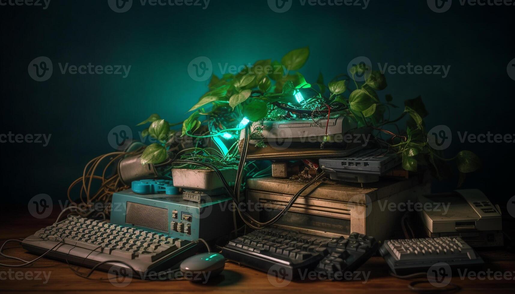 Obsolete computer on old desk, illuminated background generated by AI photo