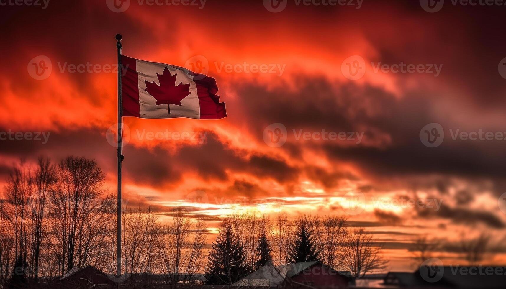 Canadian flag backlit by vibrant sunset sky generated by AI photo