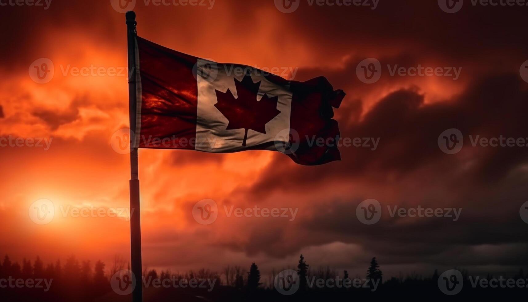 Canadian flag waves in majestic autumn sunset generated by AI photo