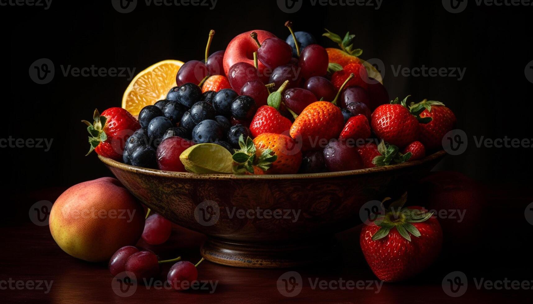 maduro baya Fruta cuenco en rústico de madera mesa generado por ai foto