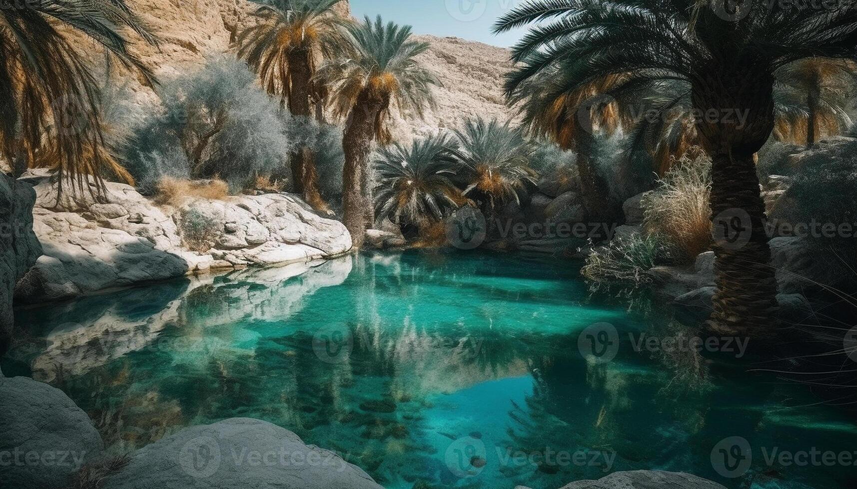 Tranquil scene of palm trees by flowing water generated by AI photo