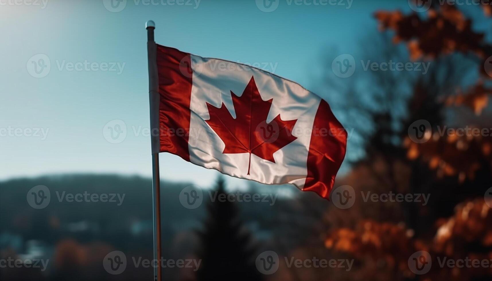 Canadian flag waves proudly in autumn forest generated by AI photo