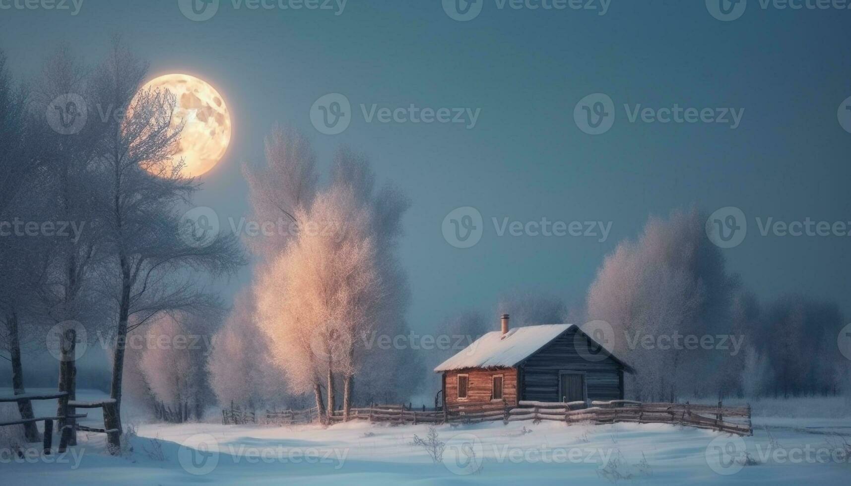 escalofriante invierno noche, luz de la luna en congelado bosque generado por ai foto