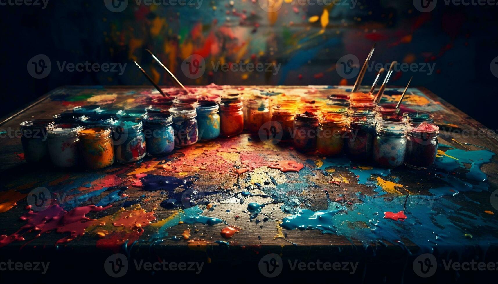 vibrante colores en sucio mesa, divertido pintura fiesta generado por ai foto