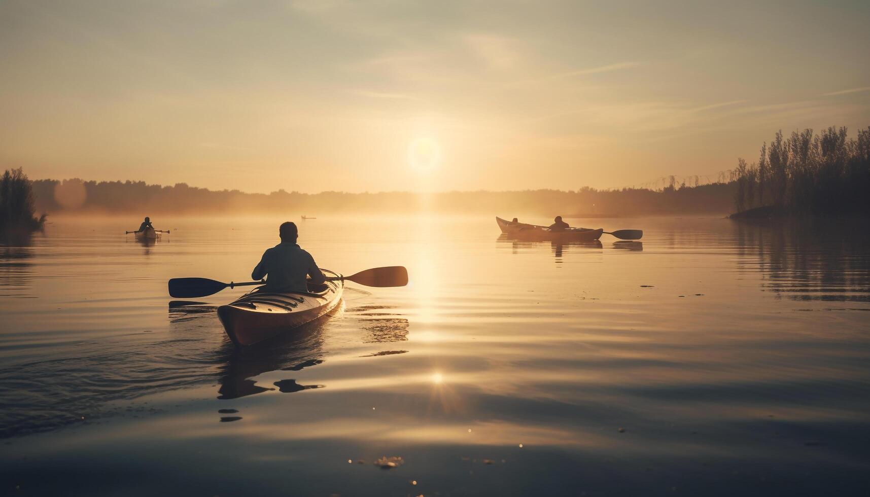 dos personas remo un canoa a puesta de sol generado por ai foto