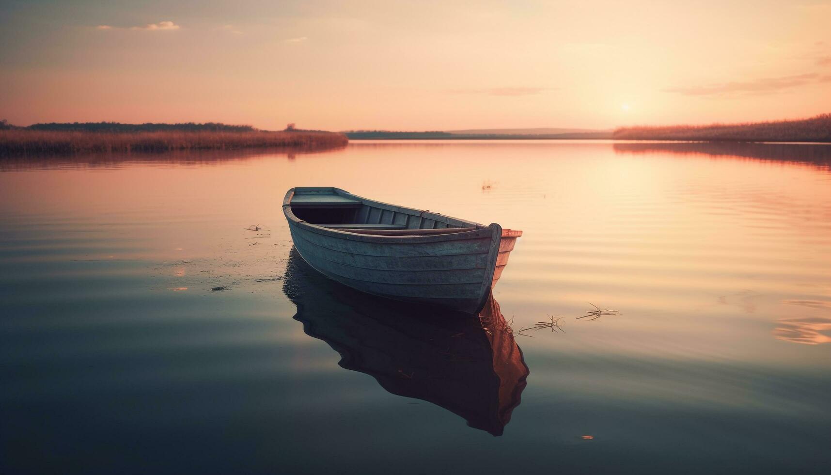 tranquilo puesta de sol en agua, bote de remos transporte hogar generado por ai foto