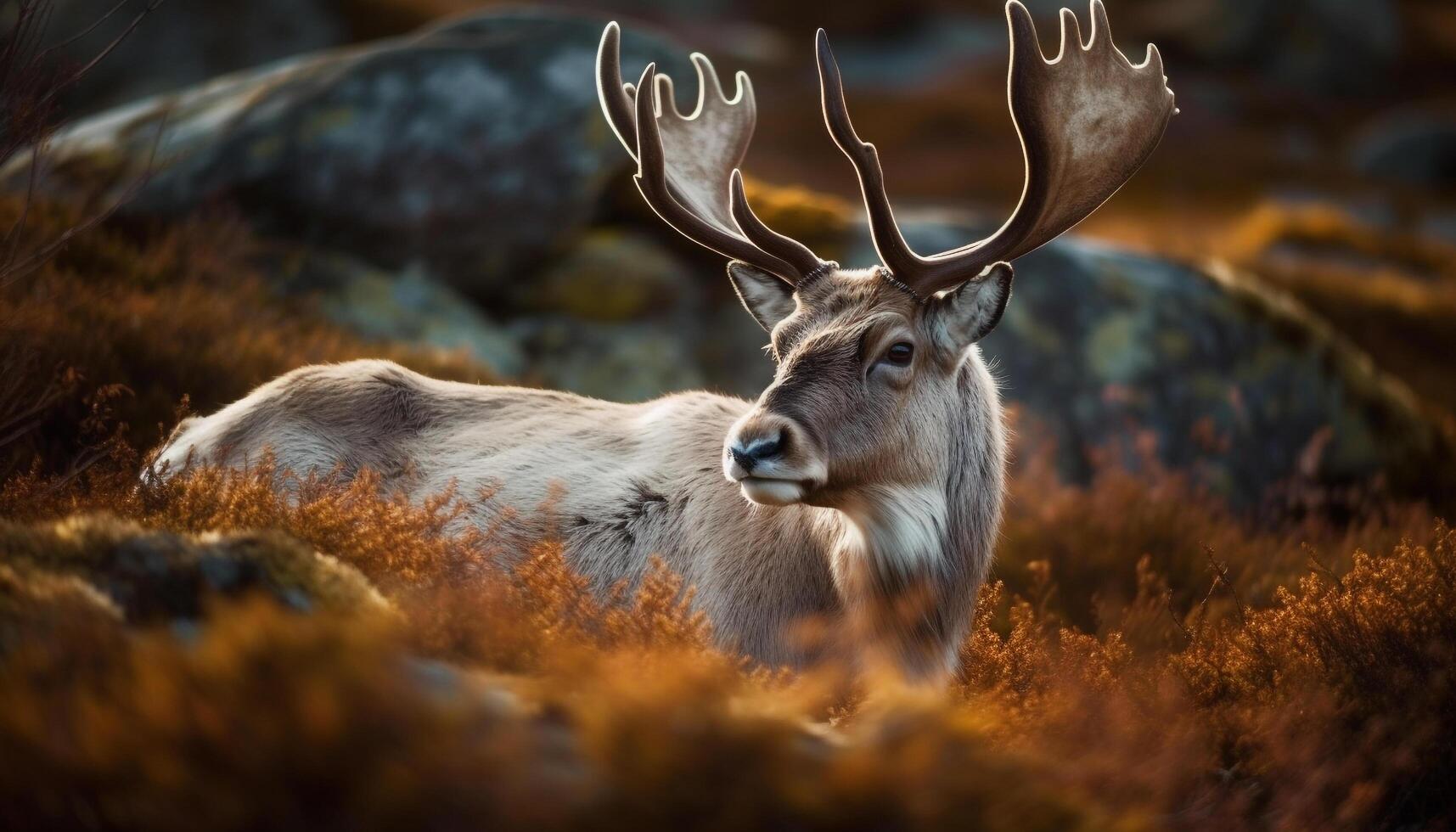 Stag grazing in meadow, beauty in nature generated by AI photo