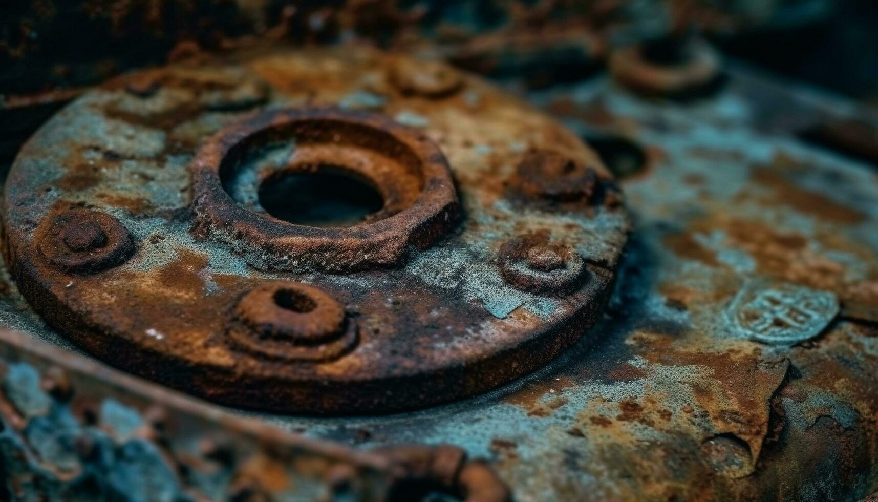 oxidado acero rueda, pesado maquinaria, fabricación equipo generado por ai foto