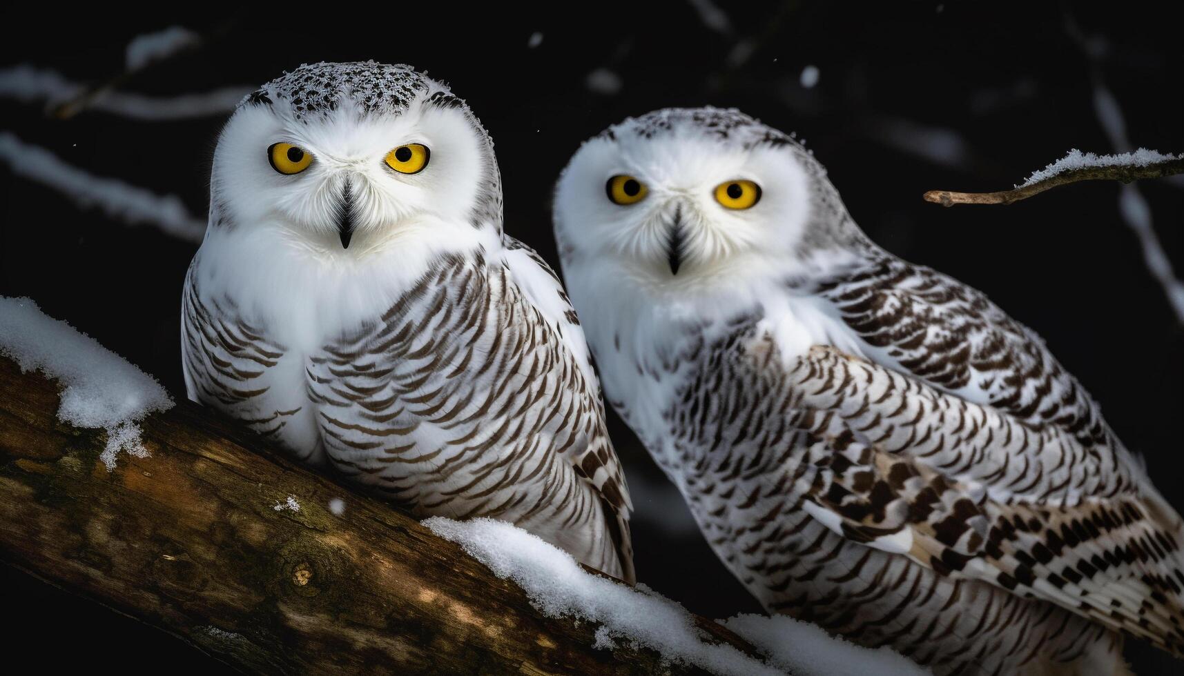 Eagle owl perching on snowy branch staring generated by AI photo