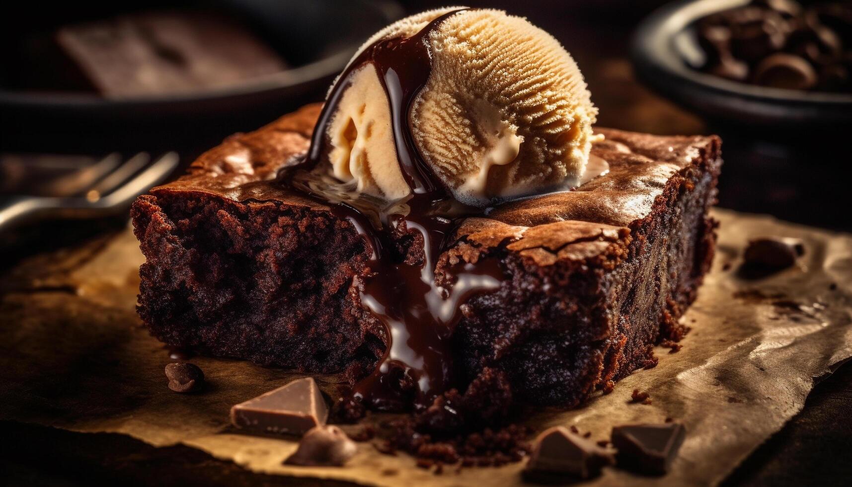 Indulgent homemade brownie with chocolate icing and pecans generated by AI photo