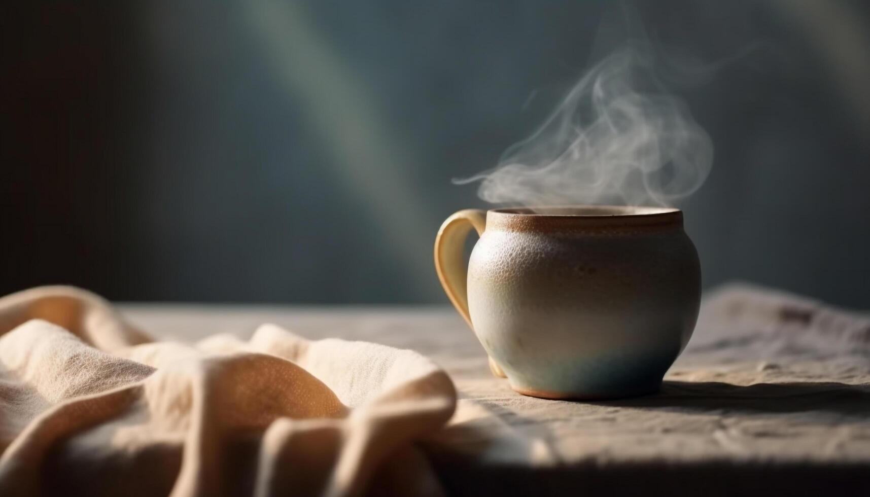 Hot coffee in rustic pottery bowl, steam rising generated by AI photo