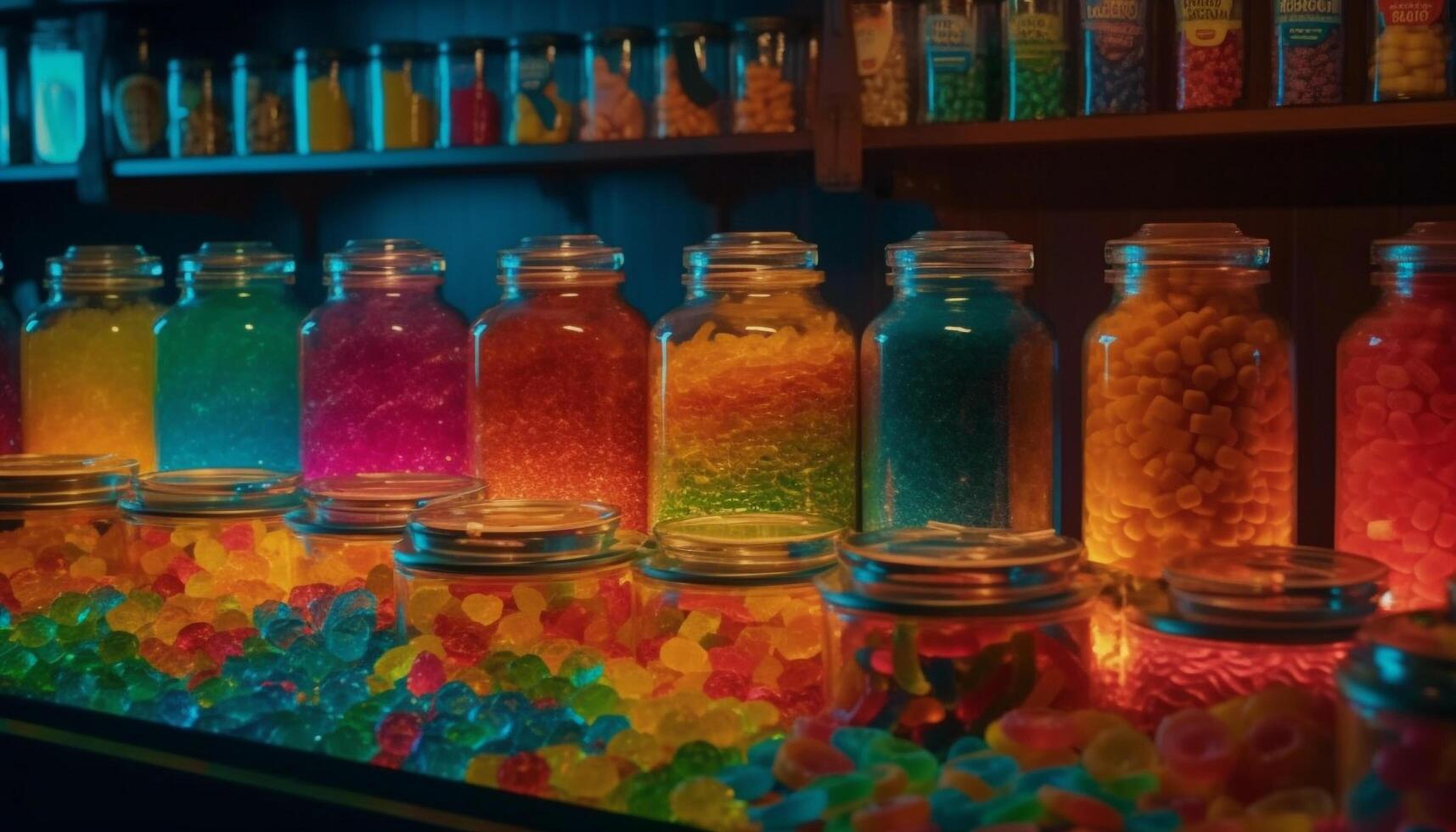 Multi colored medicine bottle collection, vibrant colors inside generated by AI photo