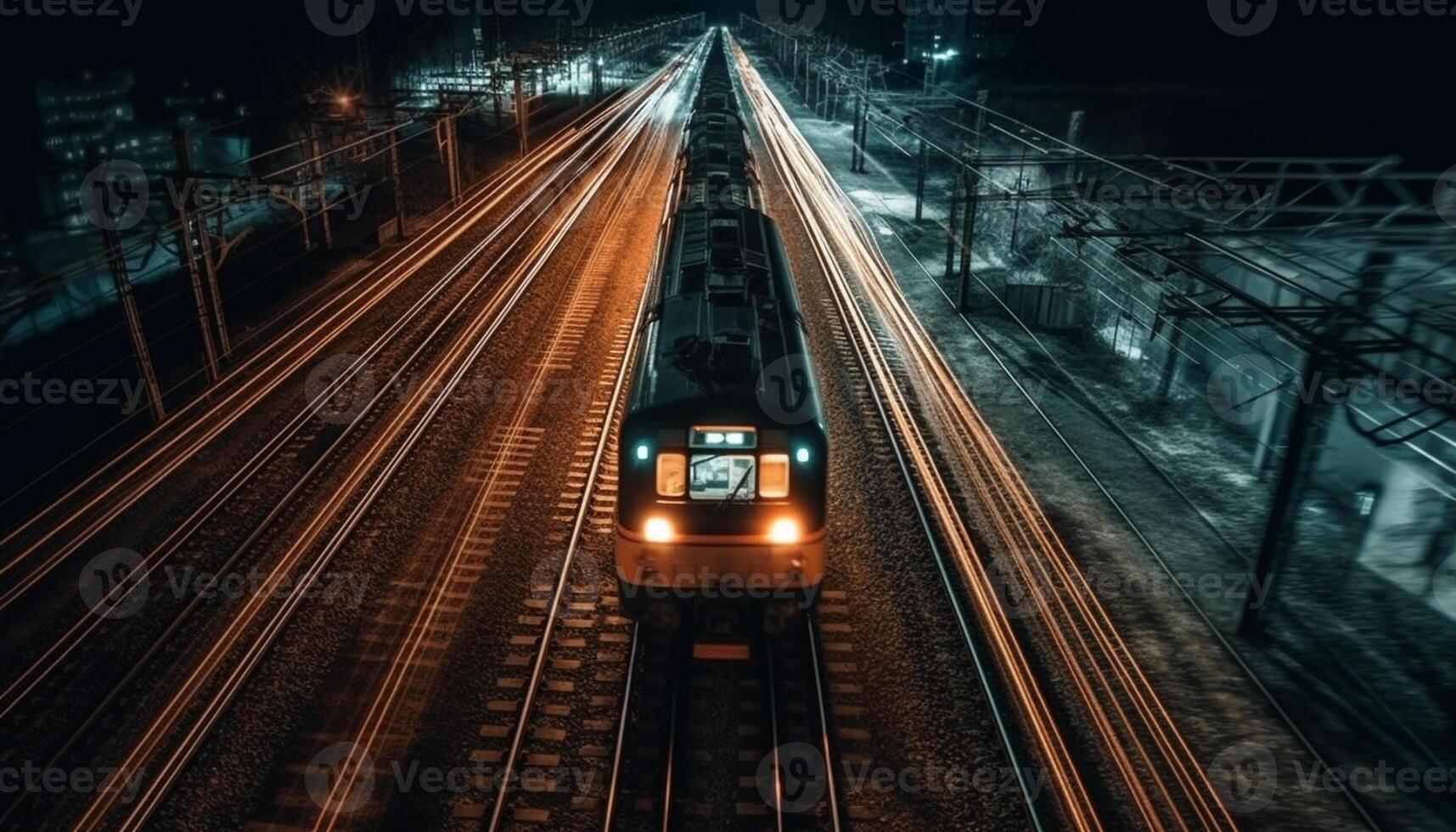 Speeding train illuminates futuristic city skyline at dusk generated by AI photo