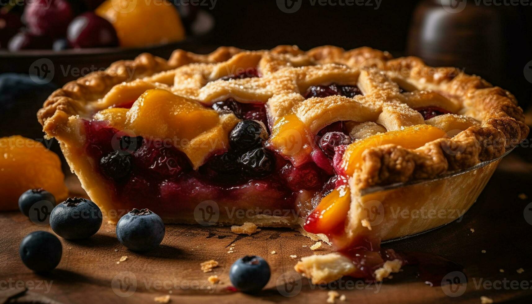 Baked rustic blueberry pie on wooden table generated by AI photo