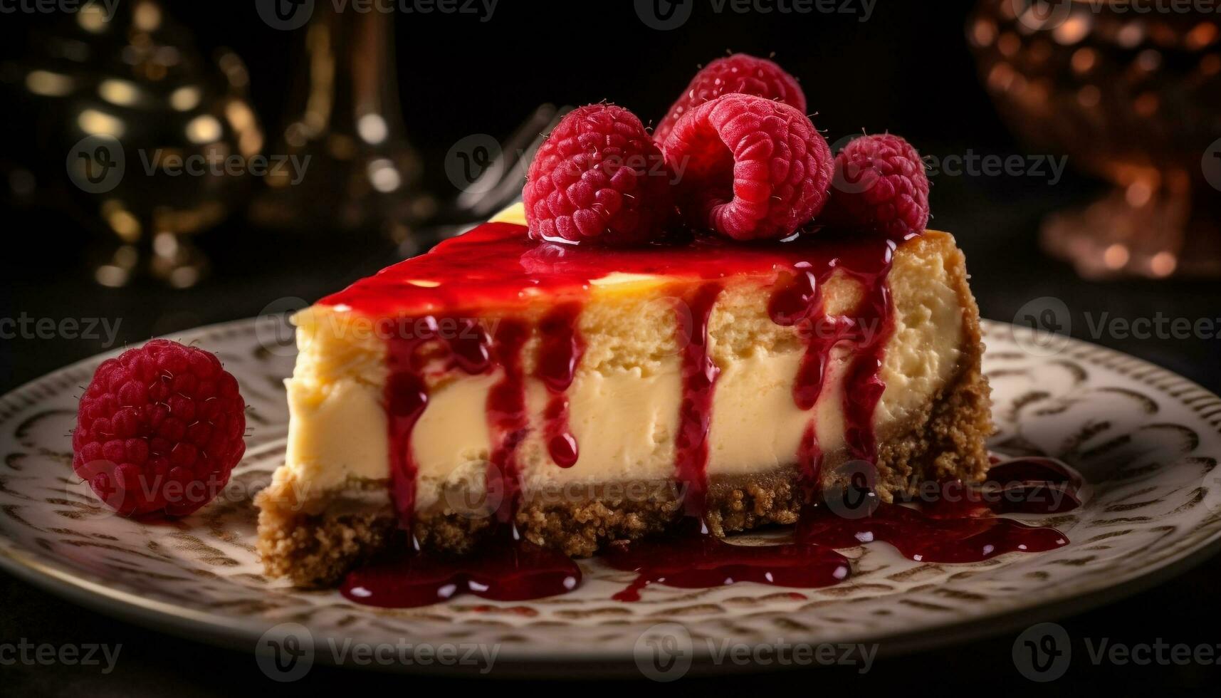 Gourmet cheesecake slice with raspberry and chocolate generated by AI photo