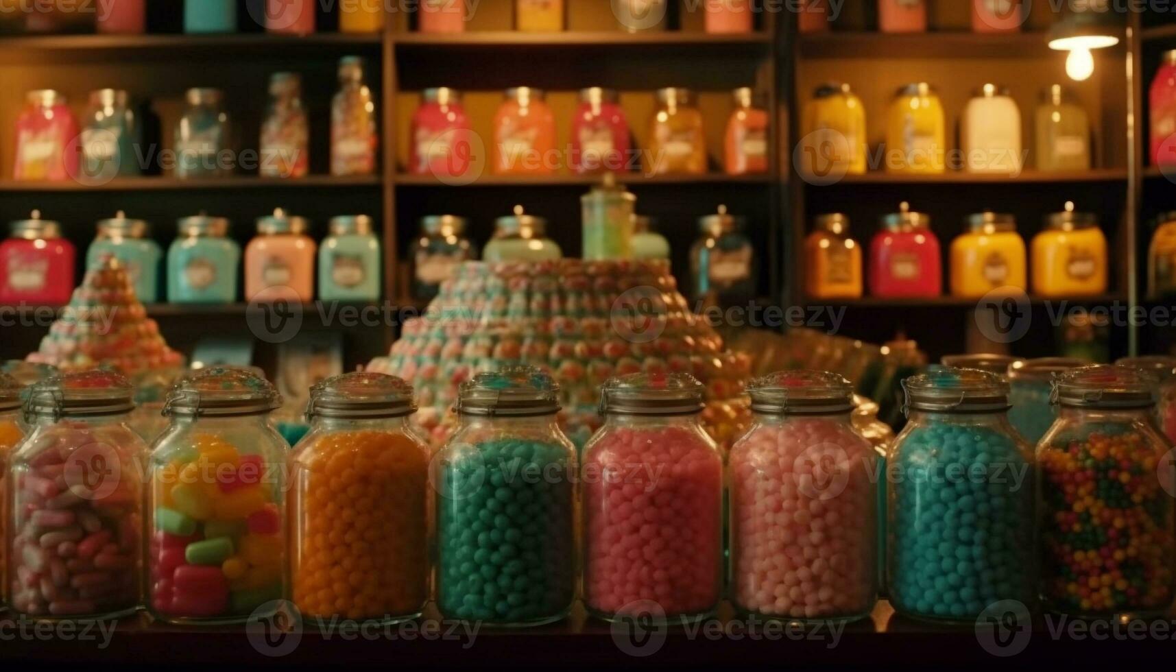 un colección de vistoso frascos lleno con dulces generado por ai foto
