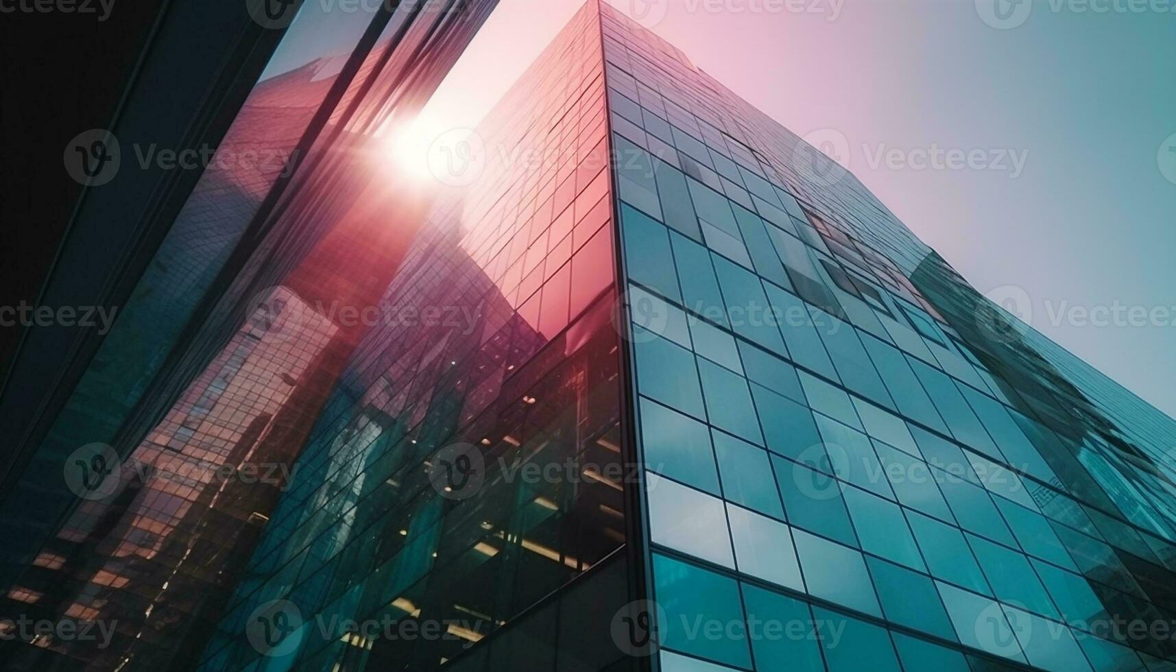 Futuristic skyscraper reflects vibrant blue city life generated by AI photo