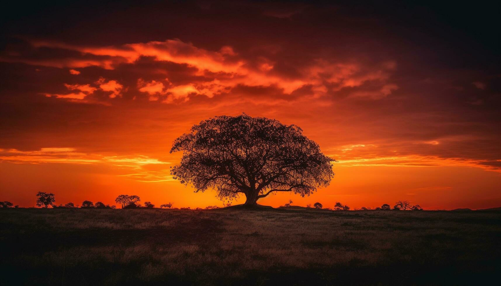 Golden sun sets over tranquil rural meadow generated by AI photo