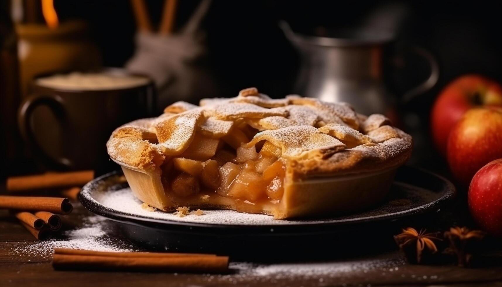 Freshly baked apple pie on rustic wood table generated by AI photo