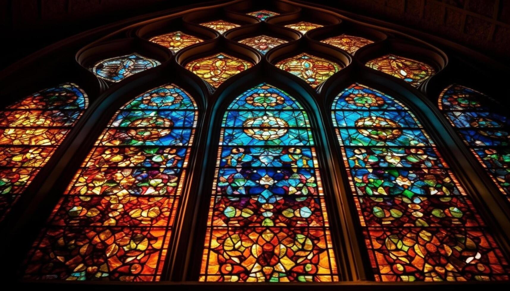 Stained glass arches illuminate majestic cathedral interior generated by AI photo