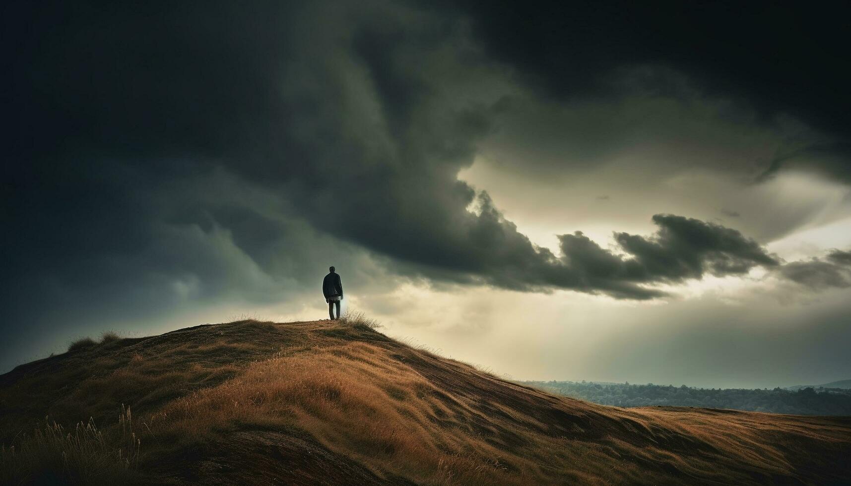 Standing silhouette conquers mountain peak, dramatic sky generated by AI photo
